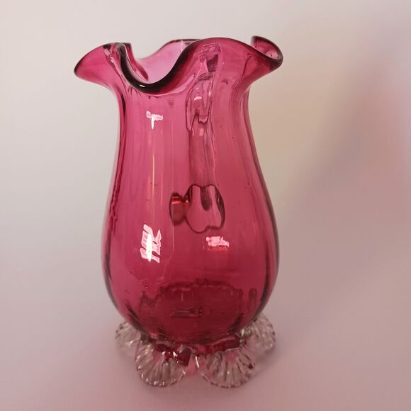 Pilgrim Cranberry Clear Ruffle Footed Glass Creamer Pitcher 4 1/4” Tall Vintage - Picture 8 of 8